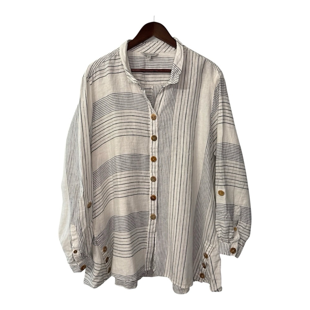 John Mark linen top womens 1X blue stripe roll tab wire collar coastal lagenlook